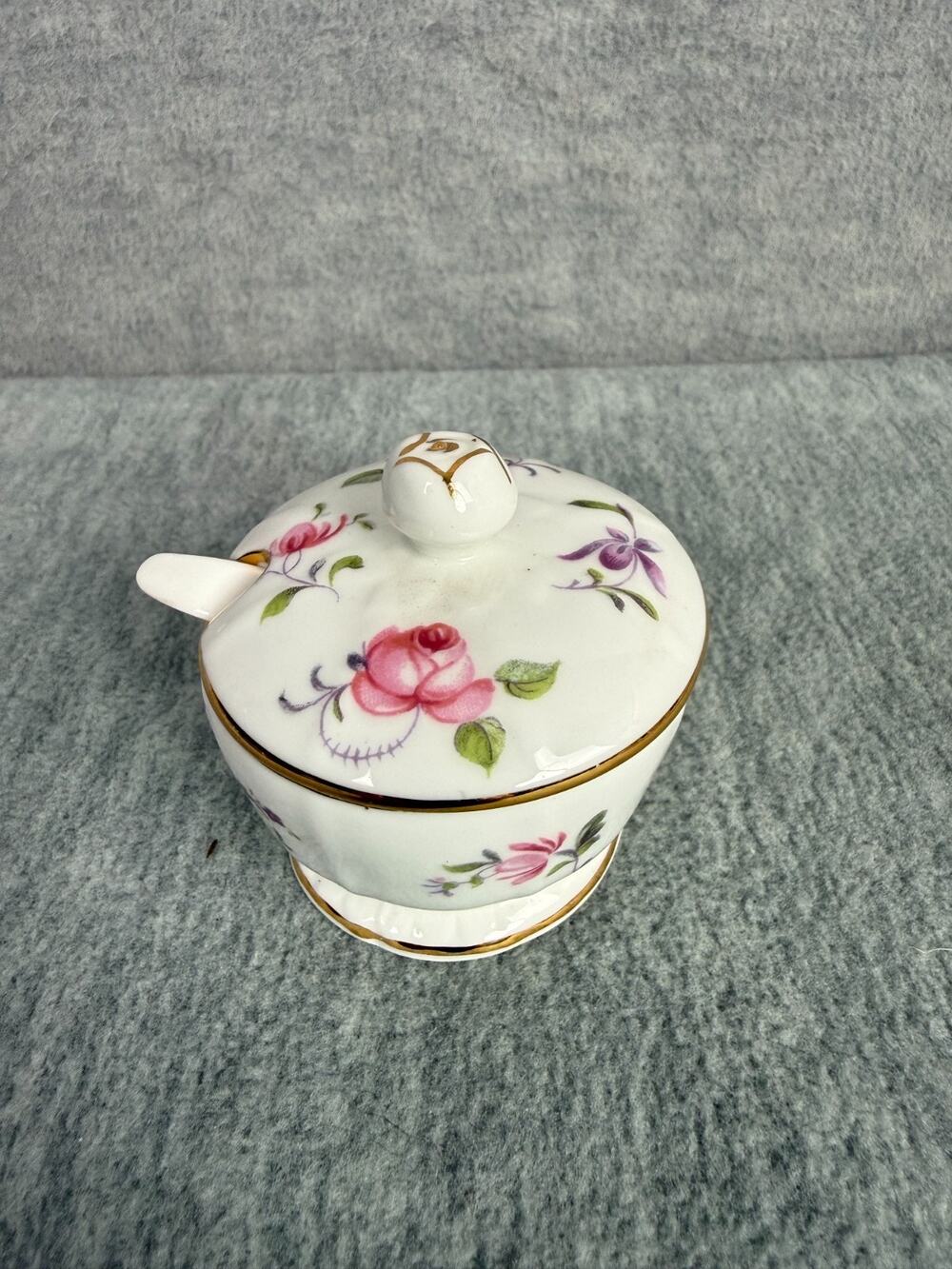 Vintage Hammersley Bone China Lidded Mustard Pot with Spoon Pink Rosebud Violet
